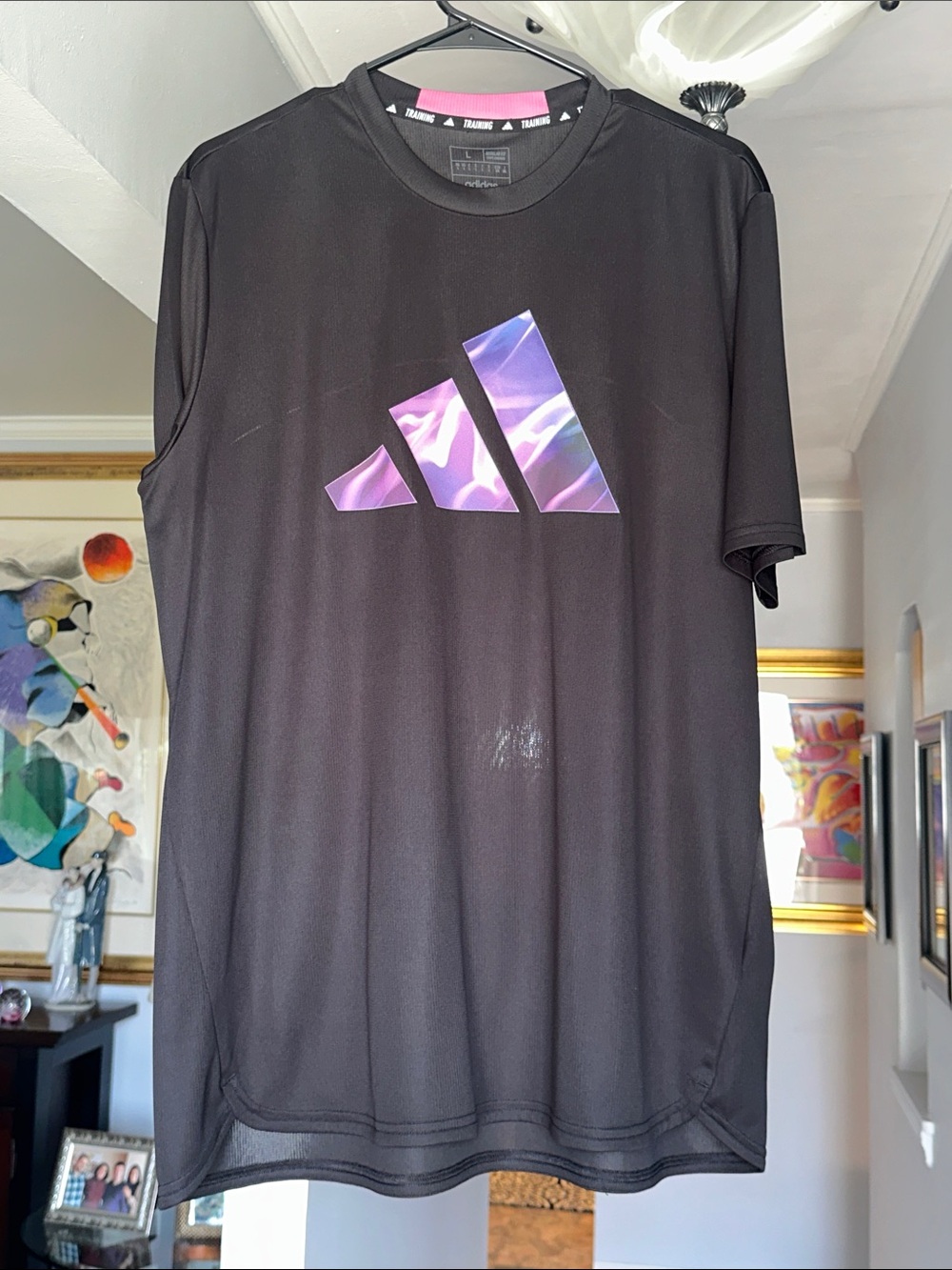 adidas Black Short Sleeve Tee with Iridescent Purple Logo Sz L